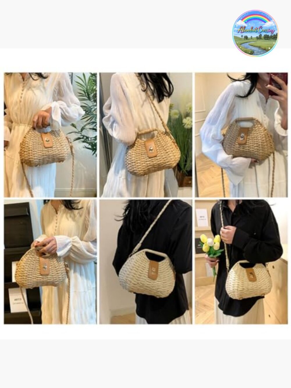 Handmade Straw Woven Crossbody Beach Dumpling Bag Tote Clutch - Picture 5 of 7